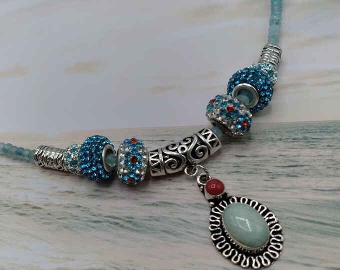 Amazonite Coral Silver Pendant Slider Necklace: Aquamarine Beaded and Crystal