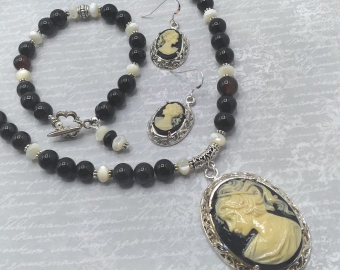 Cameo 17” Beaded 3 Piece Set, Black Agate, Mother-of-Pearl Adjustable Necklace, Coordinating Bracelet, Matching Cameo Pierced Earrings