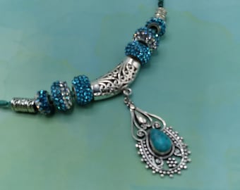 Turquoise Teardrop Pendant Slider Necklace: Silver Filigree, Crystal Beads
