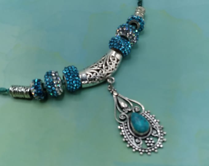 Turquoise Large Bail Silver Filigree Pendant, 18 Inch Genuine Turquoise Beaded Adjustable Necklace, 8 Removable Pave Crystal & Silver Beads