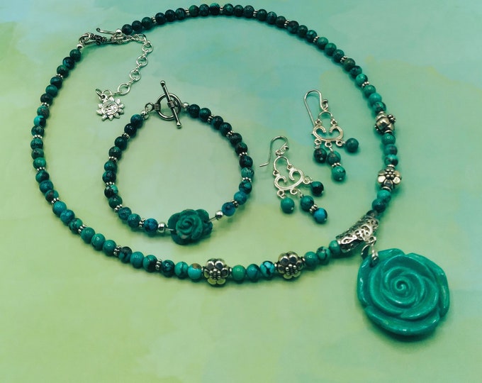 Genuine Turquoise Carved Rose & Solid Sterling, Jewelry Set of 3, Adjustable Necklace, Coordinating Carved Toggle Bracelet, Pierced Earrings