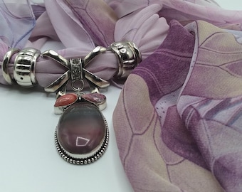 Purple Fluorite, Pink Rhodonite & Rhodochrosite Gem Scarf Slide Pendant Necklace, 6 Pc. Set, Includes Purple Floral Long Scarf,4 Scarf Rings