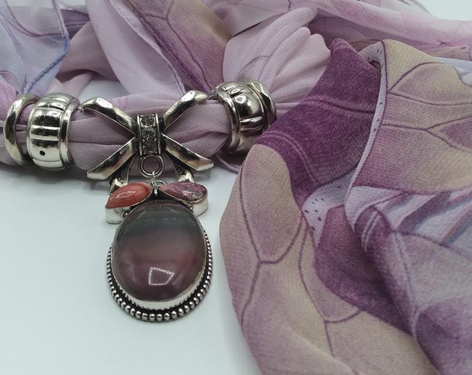 Purple Fluorite, Pink Rhodonite & Rhodochrosite Gem Scarf Slide Pendant Necklace, 6 Pc. Set, Includes Purple Floral Long Scarf,4 Scarf Rings