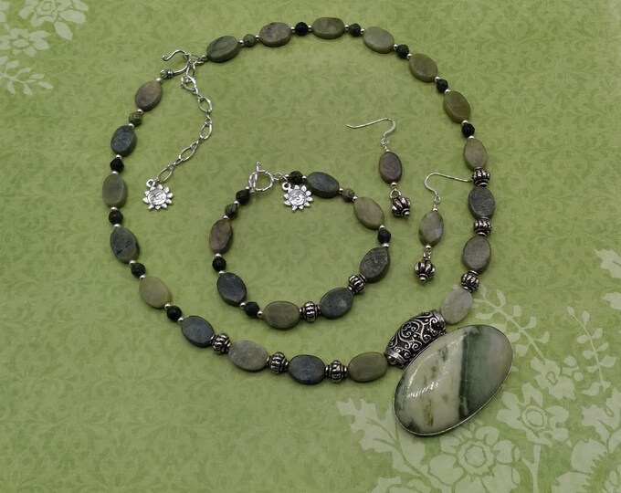 Solid Sterling Silver, Lime Olive Serpentine Coordinating Gem Jewelry Set, 18-22”  Adjustable Necklace, Toggle Bracelet, Sterling Earrings