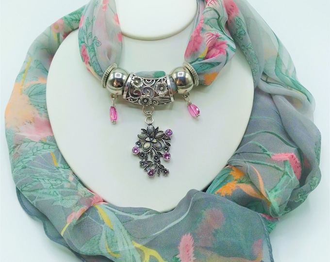 Pink Faceted Quartz Gem Scarf Slide Pendant Necklace, 6 Pc. Set Includes Coordinating Gray, Aqua & Pink Floral Long Scarf and 4 Scarf Rings