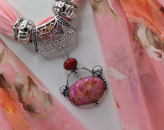 Coral, Blue Topaz, Peach Calcite Genuine Gem Scarf Pendant Necklace, Includes Coordinating Peach Floral Long Scarf, 4 Scarf Rings, 6 Pieces