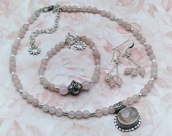 Rose Quartz Jewelry Set: Solid Sterling Silver Necklace, Bracelet, Earrings