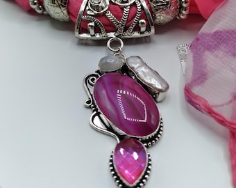 Pink Agate Scarf Slider Pendant Genuine Gem Set: Moonstone, Pearl, Topaz - Floral Scarf & Rings