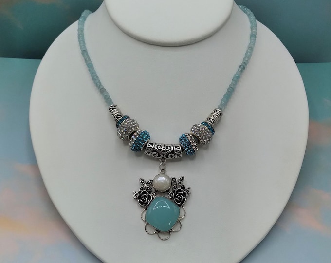 Aqua Chalcedony Pearl Slide Pendant Necklace: Crystal Pave Beads, Adjustable Gem Necklace