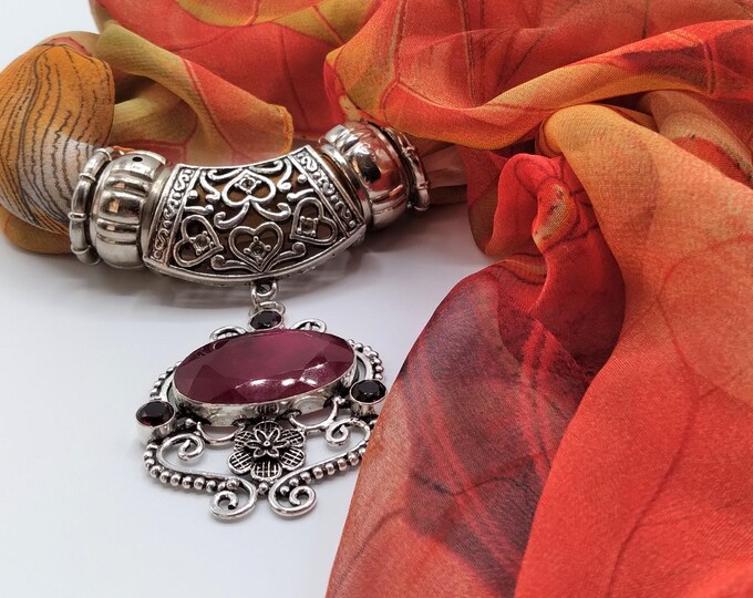 Red Agate Faceted Red Garnet Scarf Gemstone Slide Pendant Necklace , 6 Piece Set, Coordinating Red Sunshine Yellow Long Scarf, 4 Scarf Rings