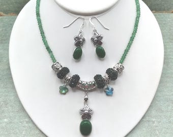 Green Agate Flower and Crystal Slider Necklace & Sterling Silver Earrings Set