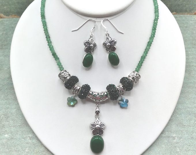 Green Agate Flower and Crystal Slider Necklace & Sterling Silver Earrings Set