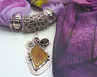 Amethyst Yellow Quartz Carved Leaf Scarf Pendant Necklace, Purple Scarf, 4 Rings Set