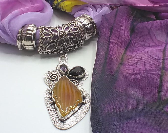 Amethyst and Yellow Quartz Carved Leaf Slide Scarf Necklace, Includes Purple Leaves Long Scarf & 4 Rings
