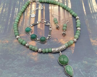 Solid Sterling Aventurine Leaf Green Statement Gem Pendant, Jewelry Set of 18-21 inch Adjustable Beaded Necklace, Bracelet, Pierced Earrings