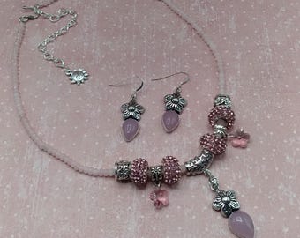 Rose Quartz Flower Charm Necklace and Earrings, 17-21 inch Adjustable Gem & Crystal Necklace with Matching Sterling Ear Wire Flower Earrings