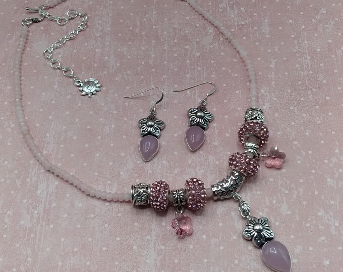 Rose Quartz Flower Charm Necklace and Earrings, 17-21 inch Adjustable Gem & Crystal Necklace with Matching Sterling Ear Wire Flower Earrings