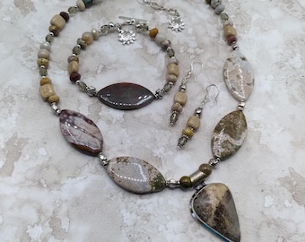 Ocean Agate & Sterling Silver 18-21 inch Adjustable Genuine Gem Beaded Necklace, Coordinating Toggle Bracelet and Pierced Earrings