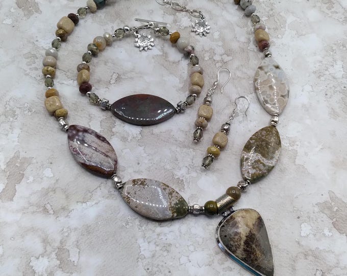 Ocean Agate & Sterling Silver 18-21 inch Adjustable Genuine Gem Beaded Necklace, Coordinating Toggle Bracelet and Pierced Earrings