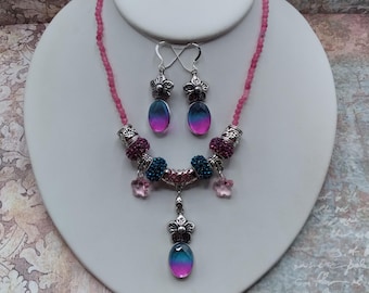 Pink & Aqua Quartz Flower Charm Necklace and Earrings,17-21 inch Adjustable Gem Crystal Necklace, Matching Sterling Ear Wire Flower Earrings