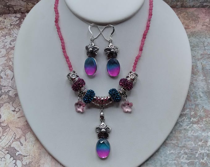 Pink & Aqua Quartz Flower Charm Necklace and Earrings,17-21 inch Adjustable Gem Crystal Necklace, Matching Sterling Ear Wire Flower Earrings