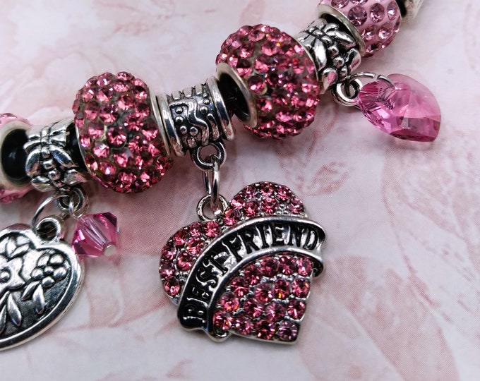 Best Friend Crystal Heart Charm Gem Necklace, Genuine Black Onyx & Pink Crystal 18 to 21 Inch Adjustable, Includes 8 Additional Slide Charms