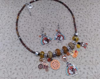 Thanksgiving Charm Necklace and Earrings, 18 inch adjustable beaded gemstone necklace