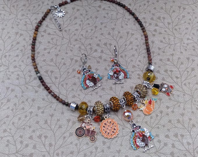 Thanksgiving Charm Necklace and Earrings, 18 inch adjustable beaded gemstone necklace