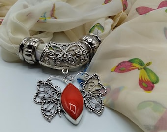 Red Coral Butterfly Scarf Slide Genuine Gemstone Pendant Necklace, 6 Piece Set Also Includes Beige Long Butterfly Scarf and 4 Scarf Rings