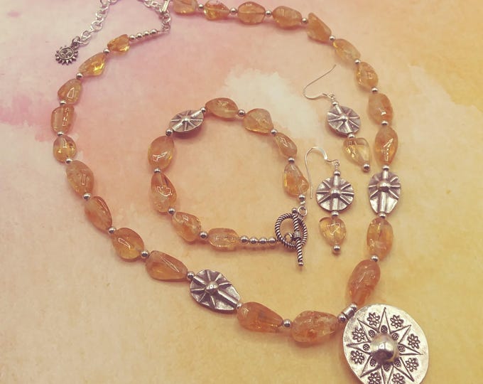 Citrine and Solid Sterling Genuine Gemstone 3 Piece Beaded Jewelry Set, 18” Adjustable Necklace, Coordinating Bracelet, Earrings, Signed