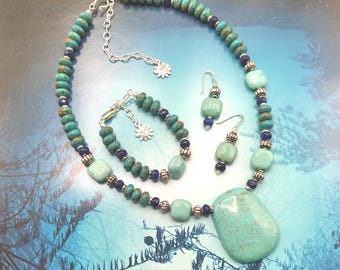 Turquoise, Lapis Lazuli, Solid Sterling 3 Piece Beaded Jewelry Set, Coordinating Adjustable Necklace, Bracelet and Earrings, Signed Original