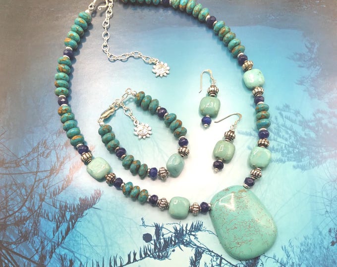 Turquoise, Lapis Lazuli, Solid Sterling 3 Piece Beaded Jewelry Set, Coordinating Adjustable Necklace, Bracelet and Earrings, Signed Original