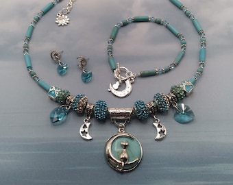 Turquoise Cat Celestial Theme, Genuine Gem Blue Green Jewelry Set of 3, Adjustable Charm Necklace, Bracelet, Post Earrings, Sterling, Signed