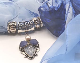 Rutilated Quartz Genuine Gemstone Scarf Pendant Necklace Set: Sapphire, Pearl, Floral Scarf & Rings