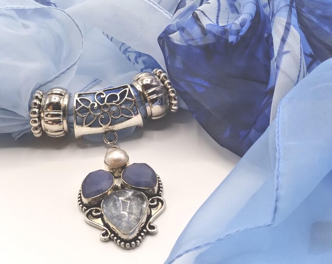 Rutilated Quartz Genuine Gemstone Scarf Pendant Necklace Set: Sapphire, Pearl, Floral Scarf & Rings