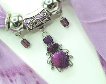 Purple Fluorite Genuine Gem Scarf Slider Pendant Necklace Set: Silver Filigree, Rings & Long Scarf