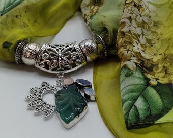 Carved Leaf Pendant, Aventurine, Opalite, Quartz Gem Scarf Slide Pendant Necklace, Includes Green Flowers & Leaves Long Scarf, 4 Scarf Rings