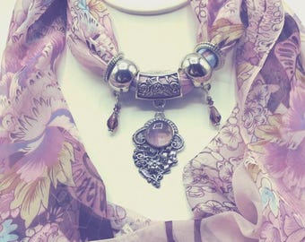 Amethyst Slide Pendant Necklace Set:  6 Pieces, Includes Floral Lavender Scarf & Silver Charm Rings