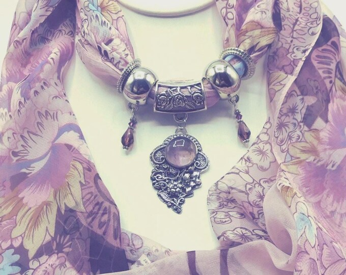Amethyst Slide Pendant Necklace Set:  6 Pieces, Includes Floral Lavender Scarf & Silver Charm Rings