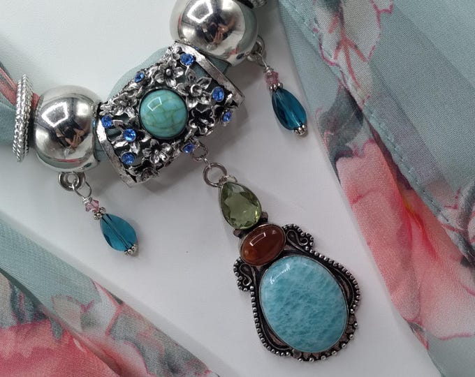 Amazonite Scarf Necklace Genuine Gem Pendant Set: Aqua Floral Scarf & Crystal Rings