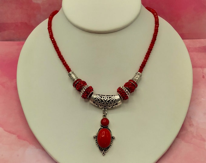 Red Coral, Silver Genuine Gem Slide Pendant, 10 Piece Set Includes 18" Faceted Red Carnelian Beaded Necklace, 8 Crystal & Silver Slide Beads