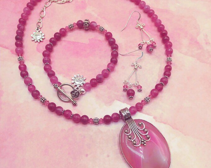 Berry Pink Botswana Agate Solid Sterling Silver 3 Pc Set, Beaded Adjustable Necklace with Pendant, Coordinating Bracelet & Pierced Earrings