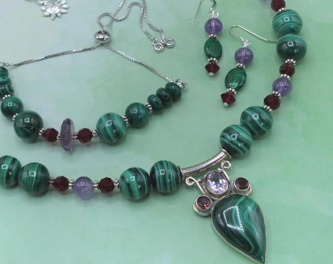 Malachite Amethyst Garnet Solid Sterling Silver Jewelry Set: Necklace, Bracelet & Earrings