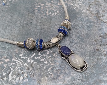 Sapphire Moonstone Gemstone Pendant Slider Necklace: Crystal Silver Beads