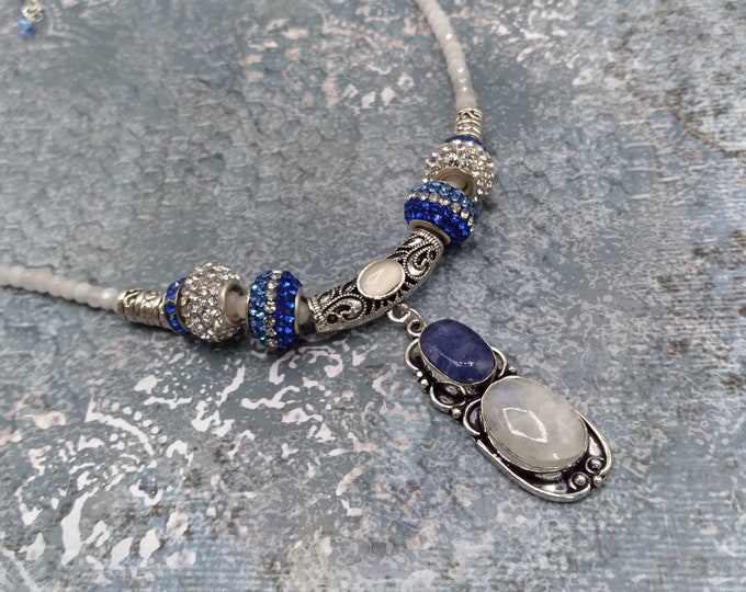 Sapphire, Moonstone, Silver, Gem Slider Pendant, 18” Faceted Moonstone Adjustable Beaded Necklace, 8 Removable Pave Crystal & Silver Beads
