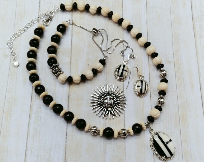 White Mother of Pearl, Black Onyx, Solid Sterling Genuine Gem Inlay Pendant Necklace, 3 Piece Set Includes Matching Bracelet, Inlay Earrings