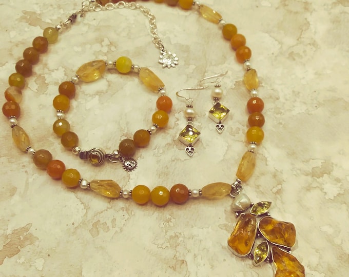 Citrine, Golden Agate, Pearl, Solid Sterling Beaded, 3 Pieces, Adjustable Necklace with Geodes Pendant, Coordinating Bracelet & Earrings
