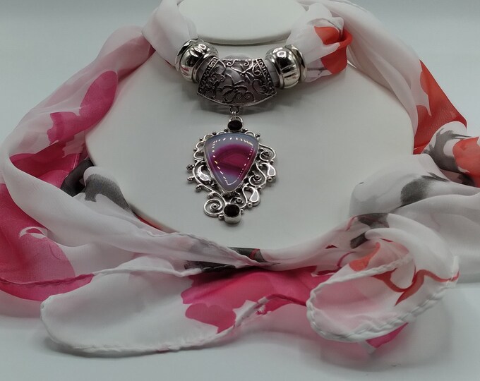 Pink & White Agate, Faceted Garnet Scarf Slide Gem Pendant Necklace, 6 Piece Set, Coordinating White Pink Flowers Long Scarf, 4 Scarf Rings