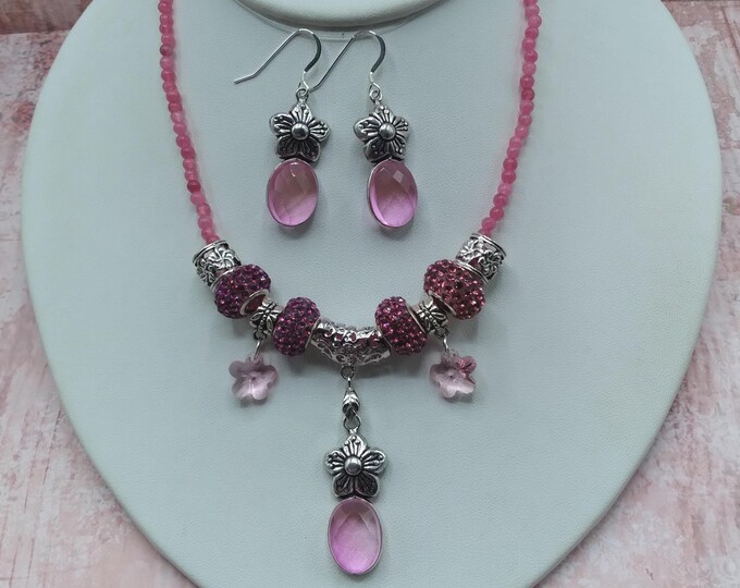 Berry Quartz Flower Charm Necklace and Earrings, 17-21 inch Adjustable Gem & Crystal Necklace and Matching Sterling Ear Wire Flower Earrings