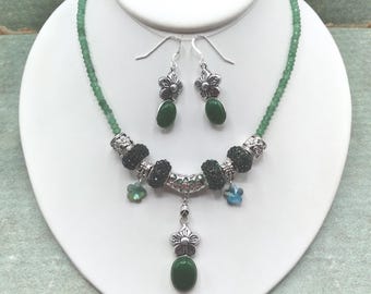 Green Agate Flower Charm Necklace and Earrings, 17-21 inch Adjustable Gem & Crystal Necklace with Matching Sterling Ear Wire Flower Earrings